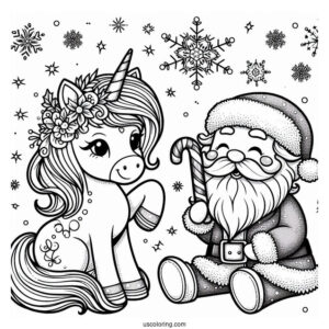 Unicorn With Santa Snow Flakes And Candy Cane
