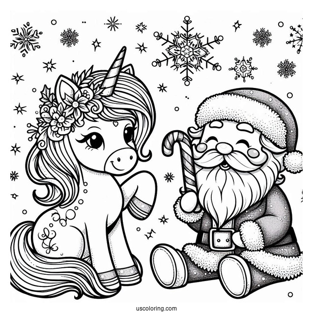 Unicorn With Santa Snow Flakes And Candy Cane