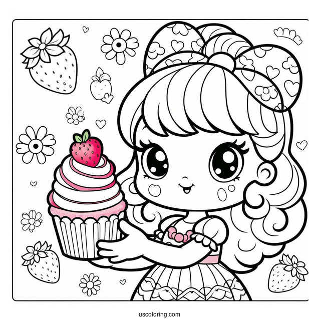 Strawberry Shortcake Coloring Page Holding Cupcake