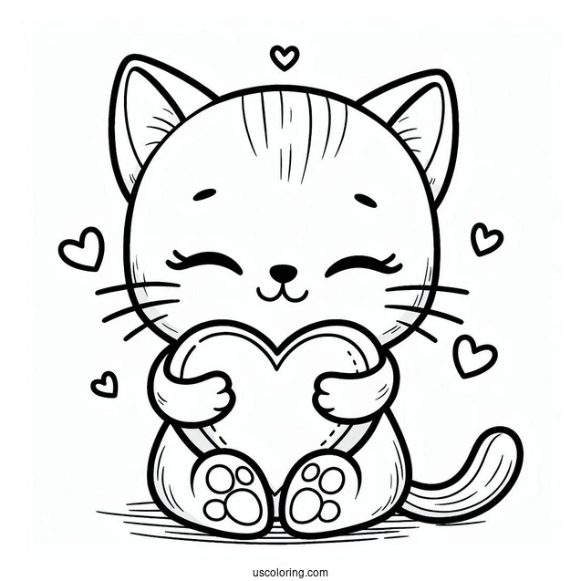 Cat Embracing Heart Coloring In