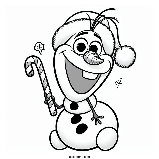Olaf Wearing Santa Hat With Candy Cane To Color