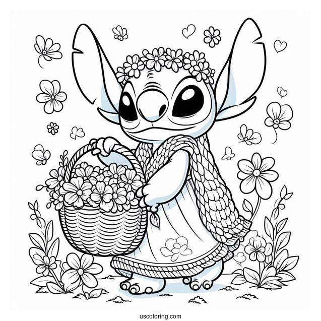 Stitch Carrying A Basket Of Flowers In Spring Coloring Page For Kids