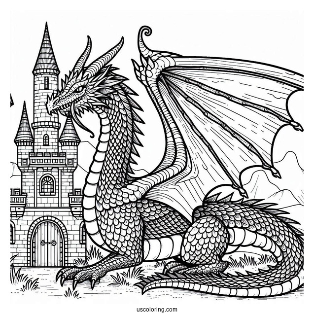Dragon With Large Scales Wrapped Around Castle Tower