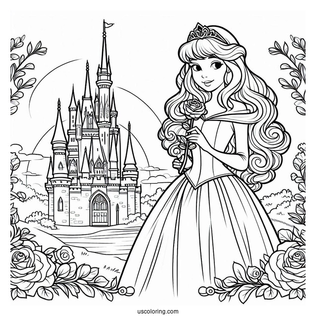 Princess Coloring Page Of Aurora Holding Rose Outside Castle