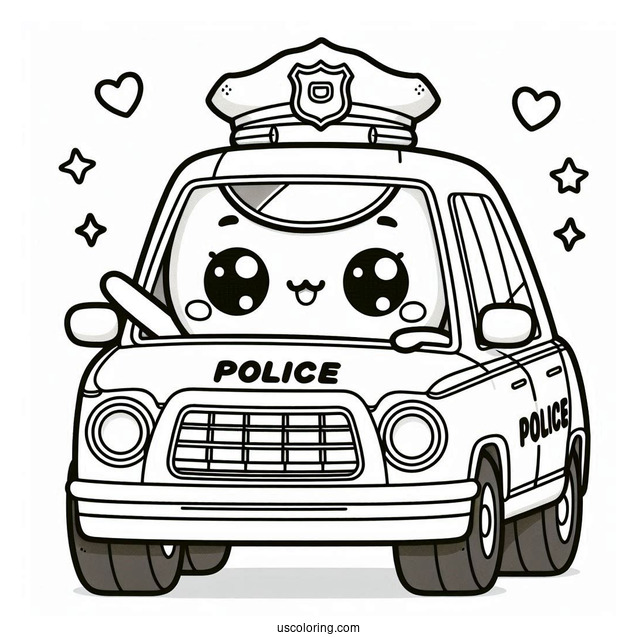 Kawaii Police Car Coloring Page With An Officer Inside Waving For Preschoolers