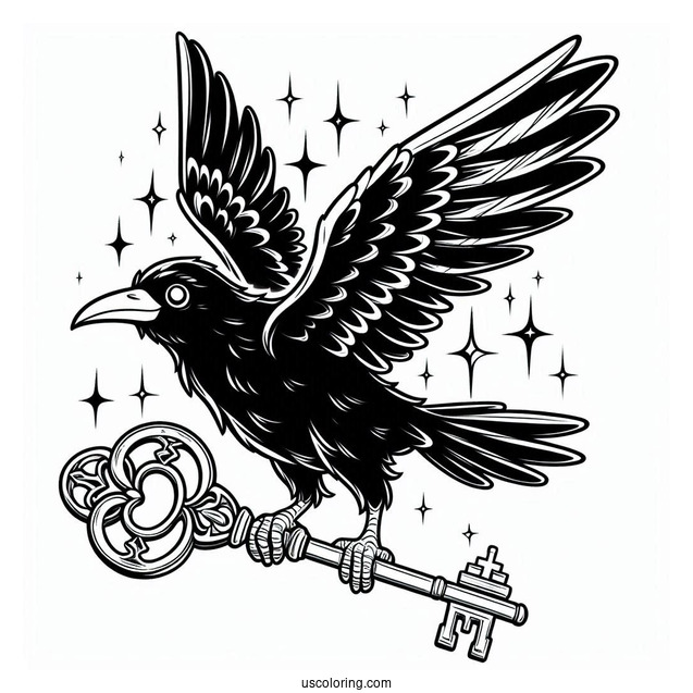 Easy Raven Coloring Page Carrying A Shiny Key For Kids