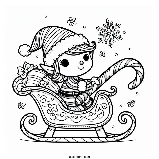 Cute Elf Riding Candy Cane Sleigh
