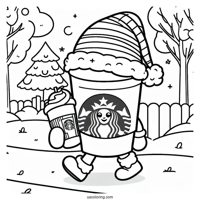 Cartoon Starbucks Coloring Page Cup Strolling In The Park With A Santa Hat