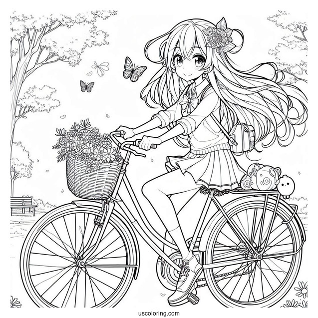 Anime Girl Riding Bicycle Coloring Page