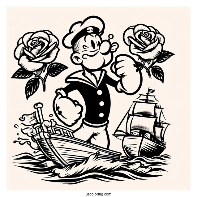 Popeye Coloring Page The Sailor Man Logo With Ship And Roses