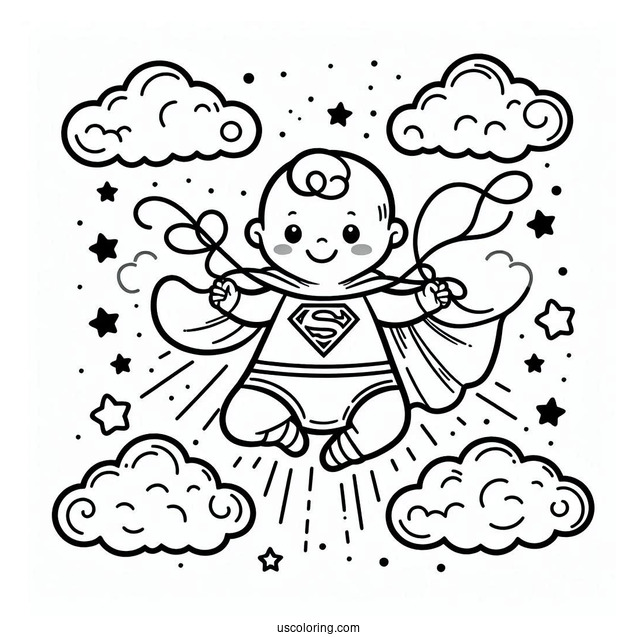 Super Baby Coloring Page In The Clouds