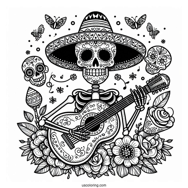 Sugar Skulls Coloring Page Of Skeleton Wearing Sombrero And Playing The Guitar