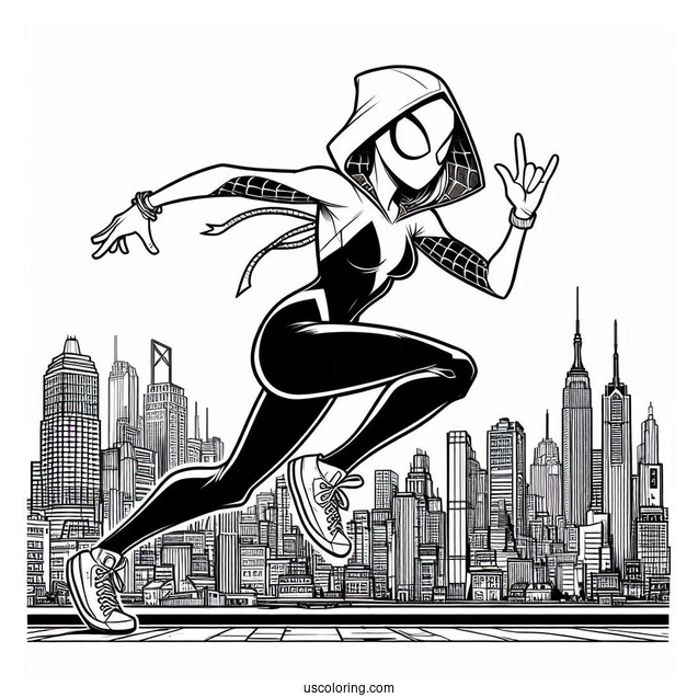 Comic Spider-Gwen Coloring Page Running In The City