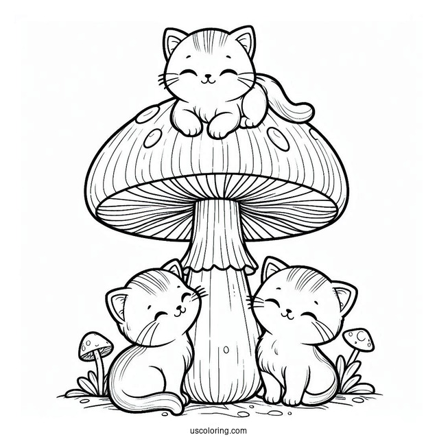 Kittens Sitting On Tall Mushroom Coloring Page