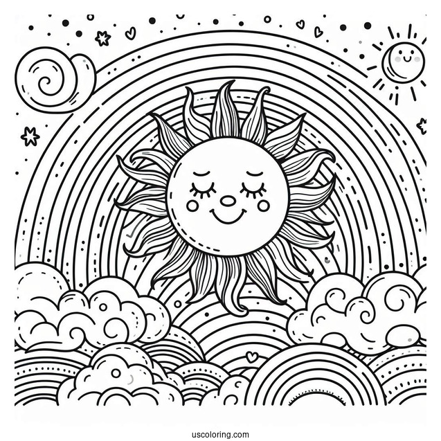 Large Sun With Rainbow And Clouds To Color