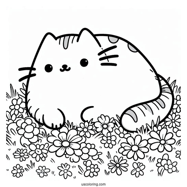 Pusheen Lying In Field With Flowers To Color