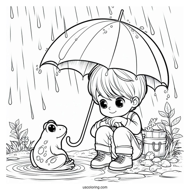 Little Boy Looking At Frog Under The Rain Coloring Page