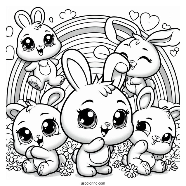 Sunny Bunnies Coloring Page Of Big Boo, Iris, Turbo, Shiny, And Hopper On A Rainbow