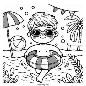 Swimming Coloring Page Of Boy Wearing Goggles And Pool Float For Preschoolers