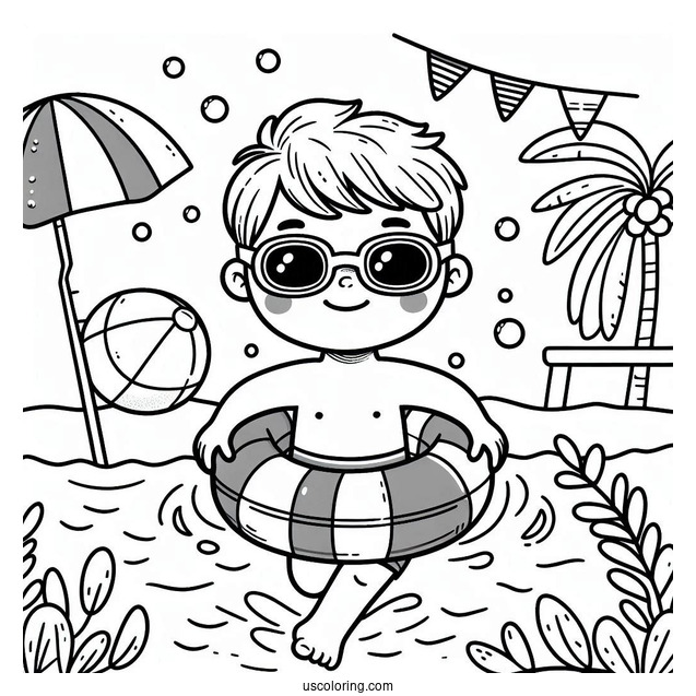 Swimming Coloring Page Of Boy Wearing Goggles And Pool Float For Preschoolers