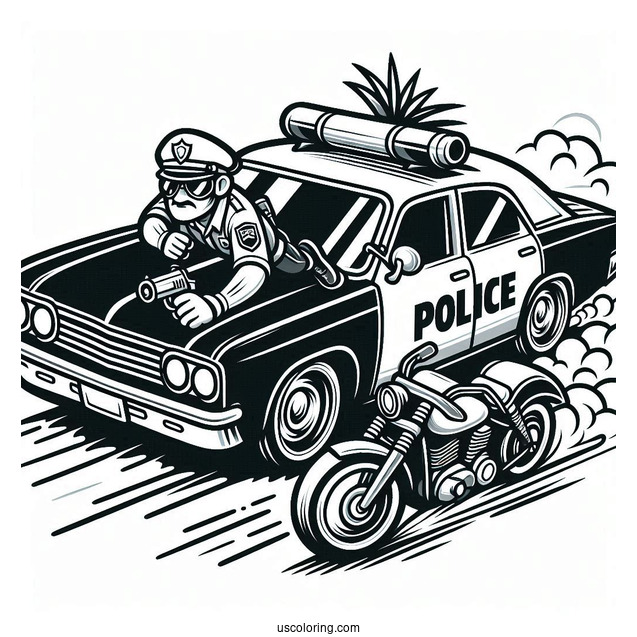 Police Car Coloring Page Chasing A Criminal On A Motorcycle