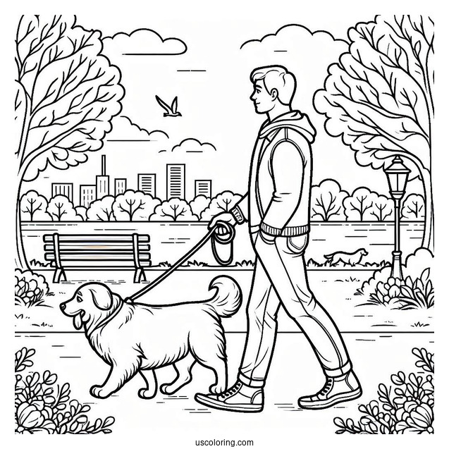 Coloring Sheet Of Man Walking His Dog In Park
