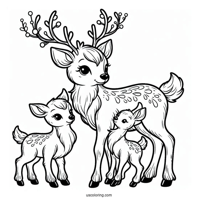 Mom Reindeer With Two Babies To Color