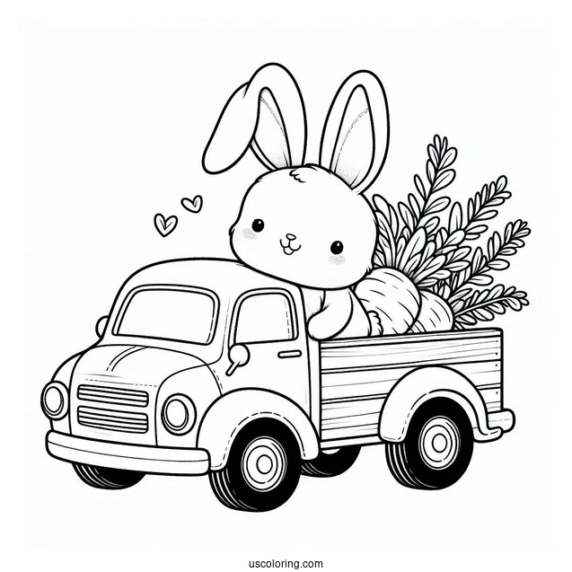 Easter Bunny Coloring Page At The Back Of Pick Up Truck With Carrots