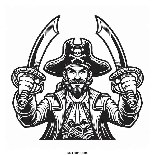 Pirate Coloring Page Holding Up Two Daggers For Kids