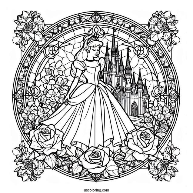Detailed Cinderella Stained Glass With Castle And Roses