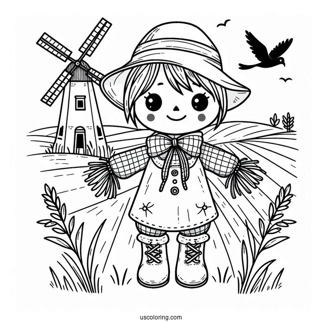 Cute Scarecrow Coloring Page With A Windmill At The Back