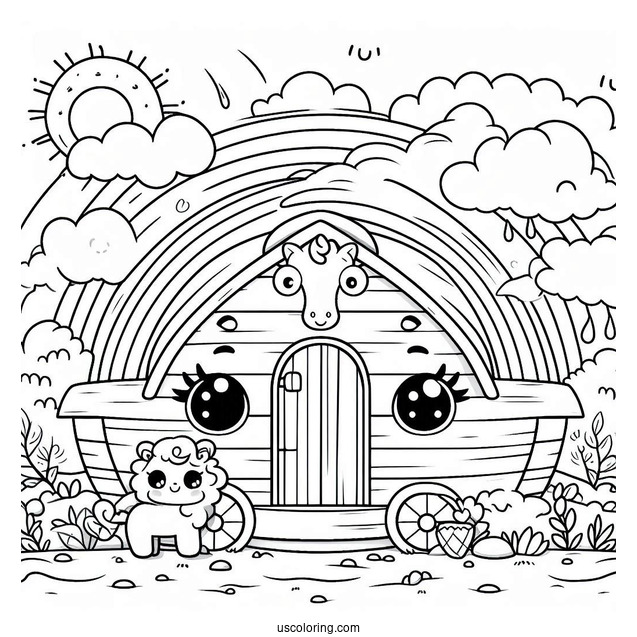 Cute Cartoon Noah's Ark Coloring Page For Kids