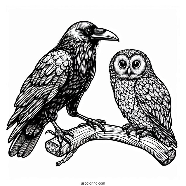 Realistic Raven Coloring Page Perched On A Branch With An Owl