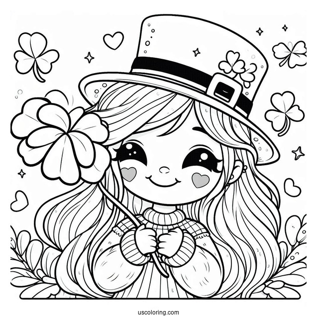 Smiling St. Patrick's Day Coloring Page Holding A Shamrock For Kids