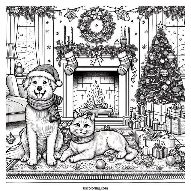 Christmas Coloring Pages For Adults Of Detailed Christmas Living Room With Dog And Cat In Front Of Fireplace