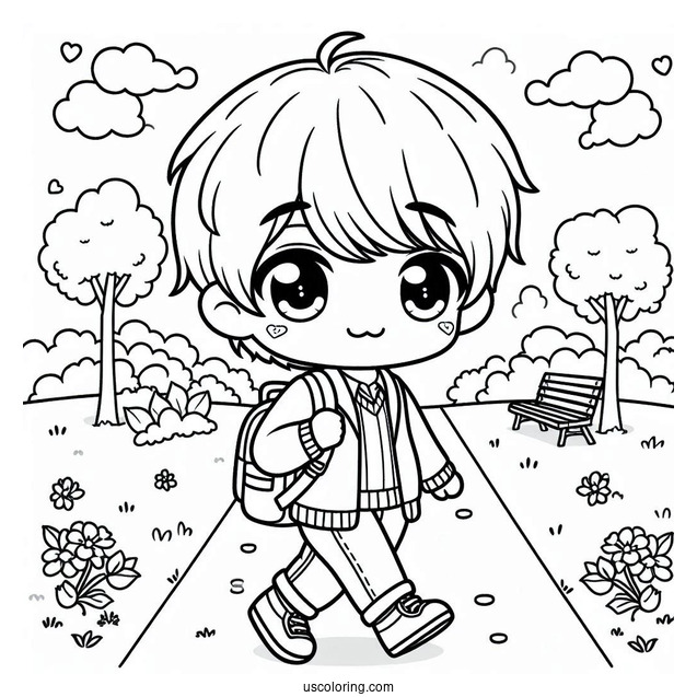 Cute Coloring Page Chibi Boys Walking In The Park For Kids