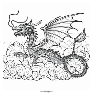 Dragon Flying In A Cloudy Sky Coloring Page