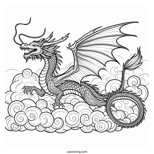 Dragon Flying In A Cloudy Sky Coloring Page