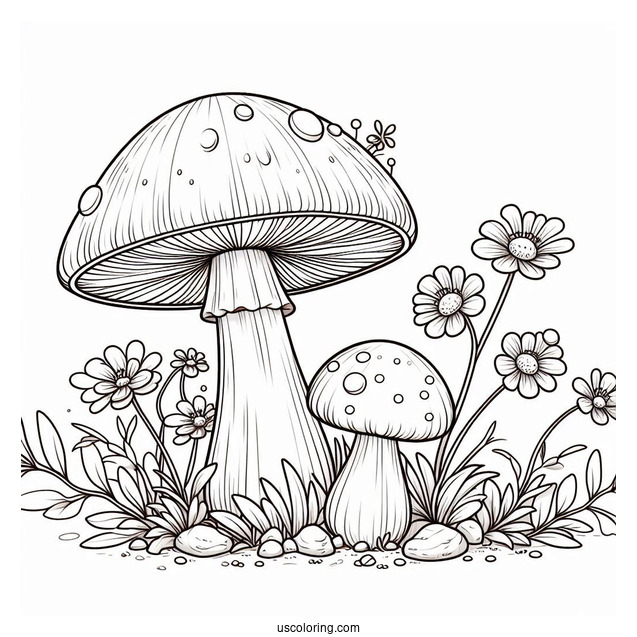 Realistic Mushroom Coloring Page Growing With Flowers
