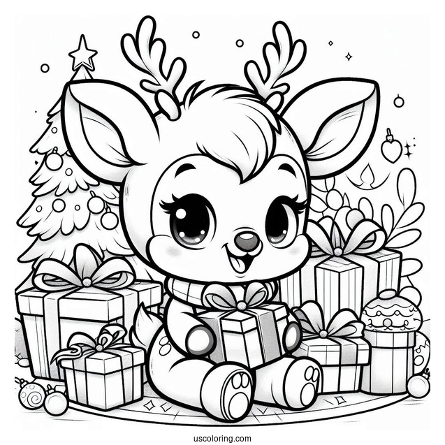 Cute Rudolph Coloring Page Sitting With Christmas Presents For Kids