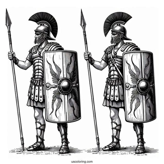Realistic Roman Soldier Coloring Page With Shield And Spears