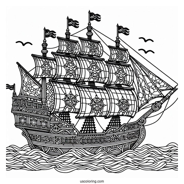 Detailed Pirate Ship Coloring Page Stained Glass
