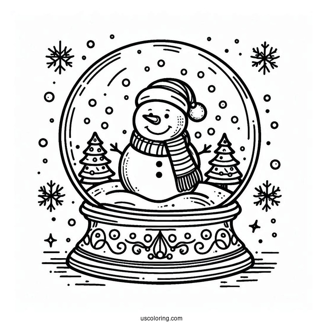 Snow Globe Coloring Page With A Snowman Wearing A Santa Hat