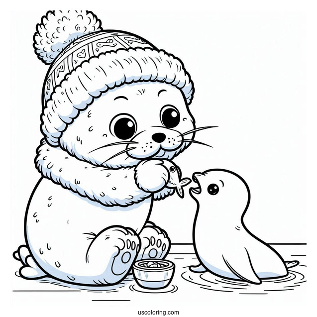 Cartoon Eskimo Feeding Fish To A Seal Coloring Page