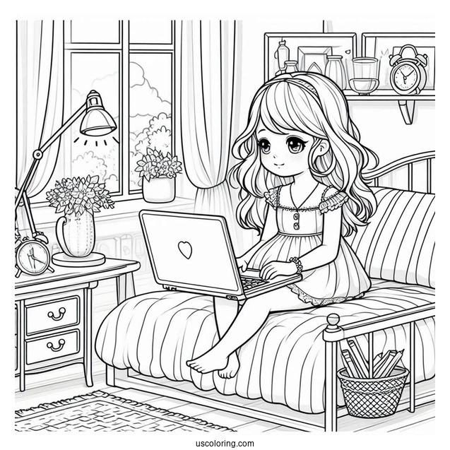 Little Girl Watching On Her Laptop While Lounging In Her Bedroom Coloring Page