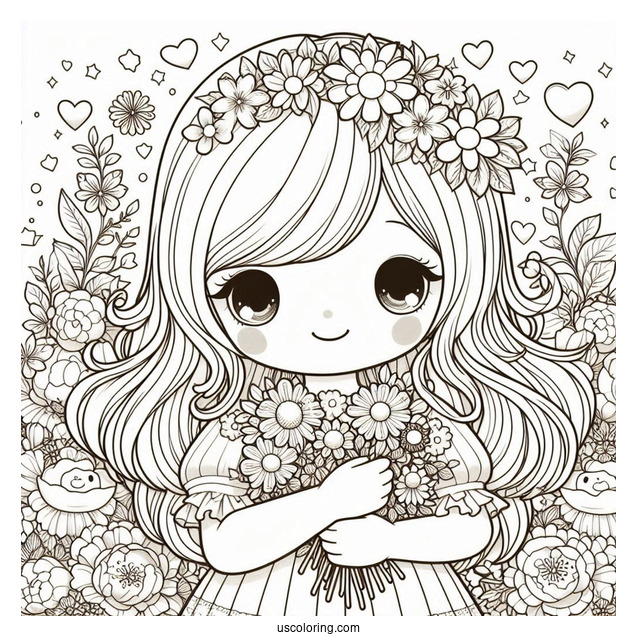 Precious Moments Coloring Page Of Cute Girl Holding Flowers
