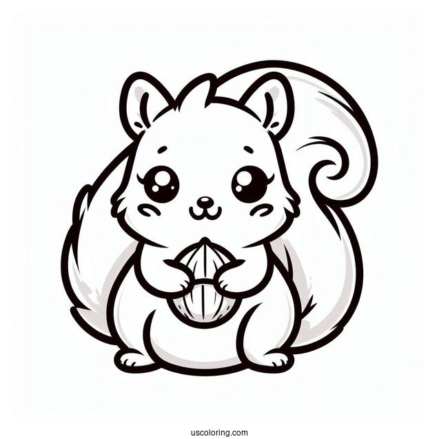 Kawaii Fluffy Squirrel Coloring Page Chewing On Nut