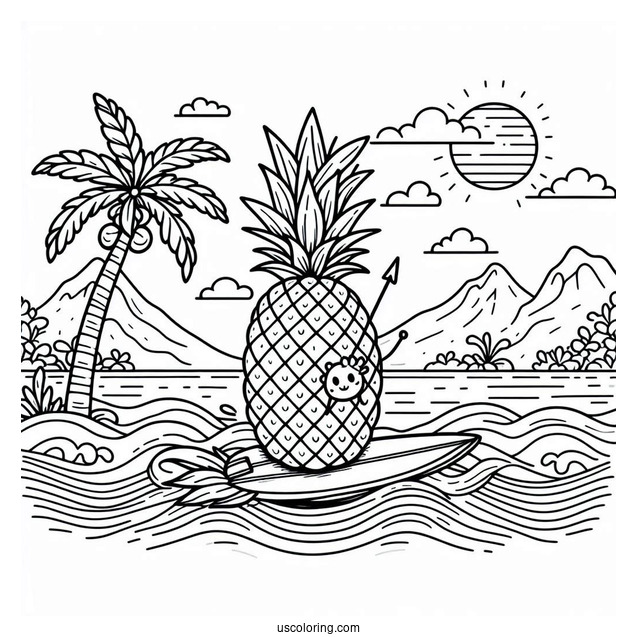Pineapple Surfing In Summer Coloring Page For Kids