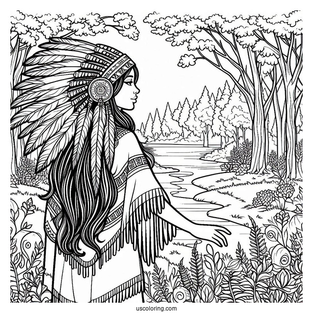 Native American Coloring Page Woman Standing In The Forest