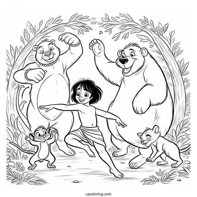 Jungle Book Coloring Page Of Mowgli Dancing With Shanti, Ranjan, Baloo, King Louie, And Kaa